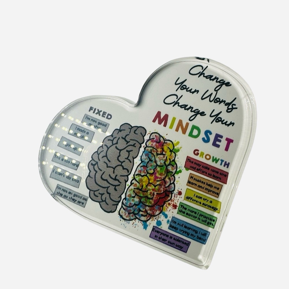 Heart-Shaped Acrylic Mindset Sign – “Change Your Words, Change Your Mindset”